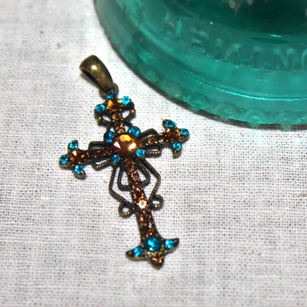 Crosslet-Style Vintage 2 inch Amber and Turquoise Rhinestone Copper Plated Metal